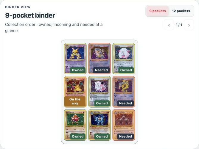 Actual sample binder with nine card pockets labeled Owned, Needed, and On the way